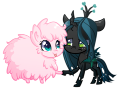 Size: 2188x1673 | Tagged: safe, artist:drawntildawn, queen chrysalis, oc, oc:fluffle puff, g4, chibi, cute, cutealis, flufflebetes, ocbetes