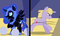 Size: 4000x2400 | Tagged: safe, artist:saturnstar14, dinky hooves, nightmare moon, twilight sparkle, oc, oc:nyx, pony, g4, clothes, cosplay, costume, duo, school play