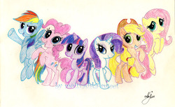 Size: 1000x612 | Tagged: safe, artist:multyashka-sweet, applejack, fluttershy, pinkie pie, rainbow dash, rarity, twilight sparkle, g4, mane six, traditional art