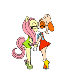 Size: 822x894 | Tagged: safe, artist:tomahawklegend, fluttershy, anthro, g4, cream the rabbit, creamshy, crossover, crossover shipping, female, heart, kissing, lesbian, shipping, sonic the hedgehog (series)