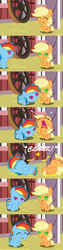 Size: 1120x4410 | Tagged: safe, artist:beavernator, applejack, rainbow dash, earth pony, pegasus, pony, g4, ^^, all glory to the beaver grenadier, baby, baby dash, baby pony, babyjack, beavernator is trying to murder us, comic, crying, cute, dashabetes, eyes closed, foal, horseshoes, jackabetes, laughing, mouth hold, open mouth