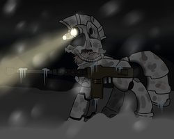 Size: 1000x800 | Tagged: safe, artist:slouping, oc, oc only, oc:blizzard, fallout equestria, armor, battle saddle, browning m2, camouflage, female, gun, machine gun, power armor, powered exoskeleton, snow, snowfall, stalactite, steel ranger, weapon