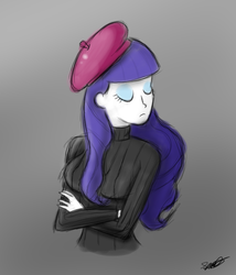 Size: 651x761 | Tagged: safe, artist:megajack, rarity, human, g4, beatnik rarity, beret, clothes, crossed arms, female, french, hat, humanized, pouting, simple background, solo