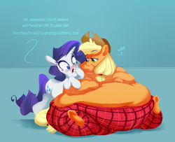 Size: 2970x2416 | Tagged: safe, artist:mellowhen, applejack, rarity, earth pony, pony, unicorn, g4, applebutt, applefat, belly, bingo wings, blushing, burp, butt, chubby cheeks, clothes, comically missing the point, crime against fashion, dialogue, fat, fat fetish, fetish, high res, impossibly large belly, impossibly large butt, morbidly obese, obese, plaid, plot, sitting, sweatpants