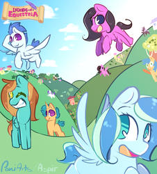 Size: 1300x1440 | Tagged: safe, artist:dippershat, oc, oc only, oc:aspir, oc:tropicdash, earth pony, pegasus, pony, unicorn, legends of equestria, apple, apple tree, day, flying, hill, horn, houses, looking back, one eye closed, open mouth, pegasus oc, tree, unicorn oc, wings, wink