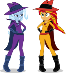 Size: 2112x2318 | Tagged: safe, artist:punzil504, mare do well, sunset shimmer, trixie, equestria girls, g4, darkwing duck, duo, high res, negaduck, negamare, simple background, transparent background, vector