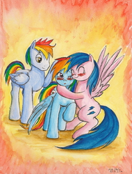 Size: 1629x2149 | Tagged: safe, artist:souleatersaku90, firefly, rainbow blaze, rainbow dash, pegasus, pony, g1, g4, abstract background, bipedal, commission, cute, dashabetes, eyes closed, family, fanfic art, father and daughter, female, firefly as rainbow dash's mom, flyabetes, g1 to g4, generation leap, hug, lidded eyes, male, mare, mother and daughter, one eye closed, parent, petting, raised hoof, ship:fireblaze, smiling, spread wings, stallion, teary eyes, the simple life, traditional art, watercolor painting, wings, wink