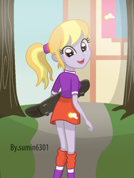 Size: 1500x2000 | Tagged: safe, artist:sumin6301, cloud kicker, equestria girls, g4, breasts, cloud booty, equestria girls-ified, female, looking at you, looking back, looking back at you, looking over shoulder, sideboob, skateboard, solo