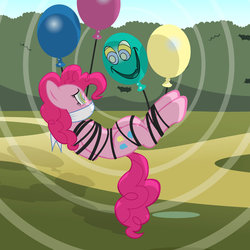 Size: 1024x1023 | Tagged: safe, artist:radiantrealm, discord, pinkie pie, earth pony, pony, g4, balloon, bondage, cloth gag, discord balloon, female, gag, hypno pie, hypnosis, kaa eyes, mare, rope, rope bondage, show accurate, suspended