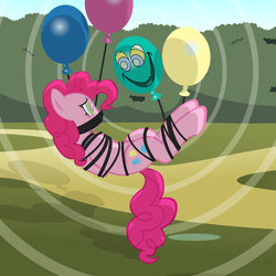 Size: 1024x1023 | Tagged: safe, alternate version, artist:radiantrealm, discord, pinkie pie, earth pony, pony, g4, balloon, bondage, discord balloon, female, gag, hypno pie, hypnosis, mare, rope gag, show accurate, suspended