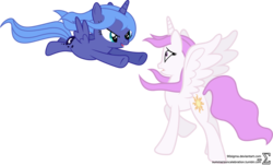 Size: 8780x5300 | Tagged: safe, artist:90sigma, princess celestia, princess luna, g4, absurd resolution, cewestia, cute, filly, raised hoof, simple background, spread wings, surprised, transparent background, vector, woona