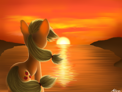 Size: 1600x1200 | Tagged: safe, artist:luminousdazzle, applejack, earth pony, pony, g4, female, rear view, solo, sunset, water, windswept mane