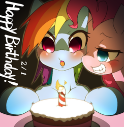 Size: 780x800 | Tagged: safe, artist:hidamariru, pinkie pie, rainbow dash, g4, cake, candle, pixiv