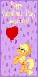Size: 750x1500 | Tagged: safe, artist:jimmy--chan, applejack, earth pony, pony, g4, applejack's hat, balloon, blushing, cowboy hat, female, hat, heart, heart balloon, mare, mouth hold, solo, sugarcube, text, valentine, valentine's day