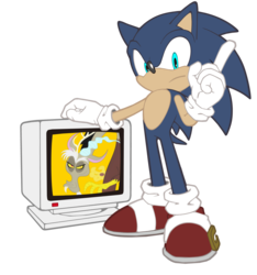 Size: 5744x6136 | Tagged: safe, artist:sputnikmann, discord, draconequus, hedgehog, g4, absurd resolution, barely pony related, crossover, discorded, duo, male, monitor, simple background, sonic the hedgehog, sonic the hedgehog (series), transparent background, vector