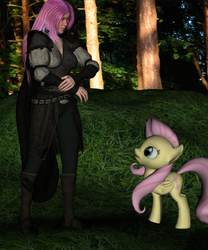 Size: 471x567 | Tagged: safe, artist:neosilverthorn, fluttershy, elf, pony, g4, 3d, description story, druid, fantasy, forest, meeting yourself, this can only end well