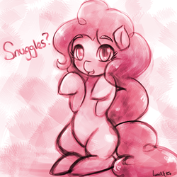 Size: 500x500 | Tagged: dead source, safe, artist:lumineko, pinkie pie, g4, blushing, cute, diapinkes, female, looking at you, open mouth, sitting, smiling, snuggles?, snuggling, solo