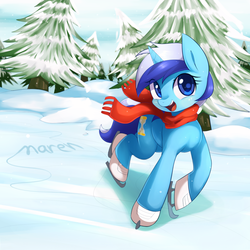 Size: 1200x1200 | Tagged: safe, artist:maren, minuette, pony, unicorn, g4, clothes, cute, featured image, female, ice skates, ice skating, looking at you, minubetes, open mouth, scarf, smiling, snow, solo, tree, winter