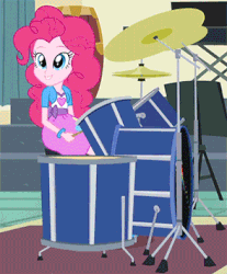 Size: 294x355 | Tagged: safe, screencap, pinkie pie, equestria girls, g4, my little pony equestria girls: rainbow rocks, animated, balloon, clothes, cymbals, drum kit, drums, drumsticks, female, musical instrument, skirt