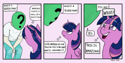 Size: 1276x643 | Tagged: safe, artist:trickydick, twilight sparkle, oc, oc:anon, alicorn, human, pony, g4, adorkable, behaving like a dog, blushing, comic, cute, dialogue, dork, eye contact, female, gray background, happy, head tilt, hnnng, inner monologue, looking at each other, looking up, mare, open mouth, overanalyzing, parody, philosophy, simple background, sitting, slice of life, smiling, speech bubble, starry eyes, thought bubble, three panel soul, twiabetes, twilight sparkle (alicorn), who's a good pony