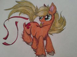 Size: 1024x768 | Tagged: safe, artist:penkatshi, applejack, g4, ear fluff, female, fluffy, loose hair, ribbon, sketch, solo, traditional art, unshorn fetlocks