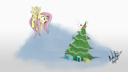 Size: 3840x2160 | Tagged: safe, artist:nadyad, angel bunny, fluttershy, g4, christmas tree, high res, present, tree