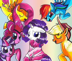 Size: 622x522 | Tagged: safe, artist:aurora-chiaro, applejack, fluttershy, pinkie pie, rainbow dash, rarity, twilight sparkle, g4, suited for success, mane six, scene interpretation, traditional art