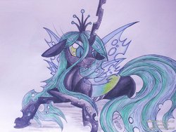 Size: 1024x768 | Tagged: dead source, safe, artist:penkatshi, queen chrysalis, changeling, changeling queen, g4, female, sketch, solo, traditional art, watercolor painting