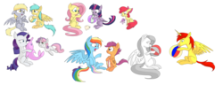 Size: 1024x394 | Tagged: safe, artist:violetandblaire, apple bloom, derpy hooves, fluttershy, rainbow dash, rarity, scootaloo, sweetie belle, twilight sparkle, oc, oc:albino fluttershy, oc:crimson azure, alicorn, dolphin, parasprite, pony, g4, beach ball, blowing, crimshy, cute, cutealoo, dashabetes, diasweetes, female, floaty, implied shipping, inflatable, inflation, male, mare, puffy cheeks, raribetes, shyabetes, straight, twiabetes, twilight sparkle (alicorn), water wings