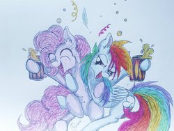 Size: 1024x768 | Tagged: safe, artist:penkatshi, pinkie pie, rainbow dash, g4, cider, drinking, sketch, traditional art, watercolor painting