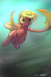 Size: 700x1050 | Tagged: safe, artist:noben, oc, oc only, merpony, sea pony, bubble, crepuscular rays, dorsal fin, fin, fish tail, flowing mane, flowing tail, ocean, signature, solo, sunlight, swimming, tail, underwater, water