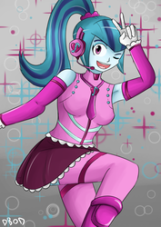 Size: 1191x1684 | Tagged: safe, artist:dinobirdofdoom, sonata dusk, equestria girls, g4, alternate clothes, breasts, female, headphones, looking at you, solo, wink