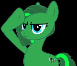 Size: 1280x1105 | Tagged: artist needed, safe, oc, oc only, oc:jade aurora, earth pony, pony, g4, black background, checkered flag, female, hooves, mare, recolor, salute, show accurate, simple background, solo, vector, vector trace