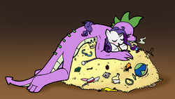 Size: 2550x1434 | Tagged: safe, artist:bico-kun, rarity, spike, dragon, pony, unicorn, g4, bits, blushing, brown background, cane, companion cube, crown, cuddling, dragon hoard, dragon instinct, female, fork, gem, globe, hat, hoard, male, mare, messy mane, necklace, older, older spike, open mouth, pearl, pimp hat, plate, potion, rubber chicken, ship:sparity, shipping, simple background, skateboard, sleeping, smiling, smoke, snuggling, straight, treasure