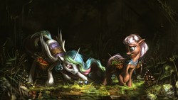 Size: 1920x1080 | Tagged: safe, artist:assasinmonkey, princess celestia, oc, alicorn, earth pony, pony, first contact war, g4, duo, female, forest, mare, wallpaper