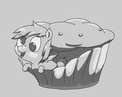 Size: 1000x800 | Tagged: safe, artist:yipsy, derpy hooves, pegasus, pony, g4, cute, female, mare, micro, monochrome, muffin, ponies in food