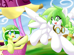 Size: 1000x750 | Tagged: safe, artist:ragurimo, oc, oc only, pegasus, pony, duo, goggles, pixiv, wings