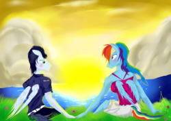 Size: 1024x724 | Tagged: safe, artist:siranarchy95, rainbow dash, soarin', anthro, g4, female, male, ship:soarindash, shipping, straight, sunset