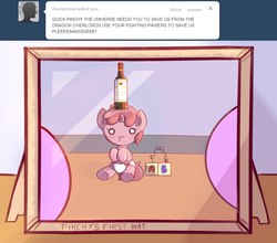 Size: 861x759 | Tagged: safe, artist:haute-claire, berry punch, berryshine, ruby pinch, earth pony, pony, ask ruby pinch, g4, ask, baby, baby pony, bottle, diaper, tumblr, wat, wine