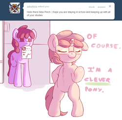 Size: 724x710 | Tagged: safe, artist:haute-claire, berry punch, berryshine, ruby pinch, earth pony, pony, ask ruby pinch, g4, ask, bipedal, blatant lies, glasses, tumblr