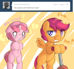 Size: 686x637 | Tagged: safe, artist:haute-claire, ruby pinch, scootaloo, pony, ask ruby pinch, g4, ask, bipedal, scooter, tumblr