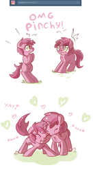 Size: 800x1470 | Tagged: safe, artist:haute-claire, ruby pinch, pony, ask ruby pinch, g4, ask, bipedal, blushing, comic, cute, eyes closed, floppy ears, fluffy, heart, nuzzling, open mouth, pinchybetes, self ponidox, smiling, solo, tumblr, wide eyes