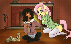 Size: 2000x1240 | Tagged: safe, artist:robothehoobo, fluttershy, human, anthro, g4, boob window, clothes, crossover, duo, keyhole turtleneck, open-chest sweater, sweater, sweatershy, turtleneck