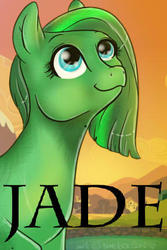 Size: 288x432 | Tagged: safe, artist:lulubell, oc, oc only, oc:jade aurora, earth pony, pony, badge, bust, con badge, female, looking up, solo, text