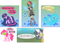 Size: 5400x3912 | Tagged: safe, artist:inkypad, fluttershy, pinkie pie, rainbow dash, twilight sparkle, zecora, earth pony, human, pegasus, unicorn, zebra, g4, comic, horn, humanized, poison joke, rhyme