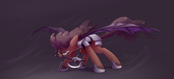 Size: 1852x834 | Tagged: safe, artist:underpable, oc, oc only, bat pony, pony, armor, axe, blade, fantasy class, glasses, guard, knight, mouth hold, solo, warrior, weapon