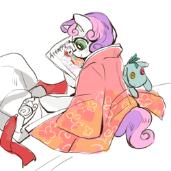 Size: 512x512 | Tagged: safe, artist:wan, smarty pants, sweetie belle, pony, unicorn, g4, clothes, female, filly, foal, hoof hold, kimono (clothing), oversized clothes, plushie, sitting, smiling, solo