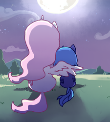 Size: 900x1000 | Tagged: safe, artist:baekgup, princess celestia, princess luna, g4, cewestia, duo, female, filly, full moon, hug, moon, rear view, siblings, sisters, winghug, woona, younger