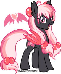 Size: 971x1177 | Tagged: safe, artist:xwhitedreamsx, oc, oc only, oc:strawberry devilcake, bat pony, pony, fangs, female, mare, simple background, solo, transparent background
