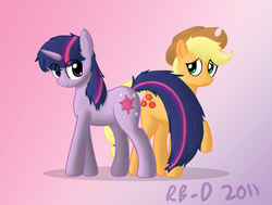 Size: 1060x800 | Tagged: safe, artist:rb-d, applejack, twilight sparkle, earth pony, pony, unicorn, g4, applejack's hat, cowboy hat, female, hat, lesbian, ship:twijack, shipping, unicorn twilight